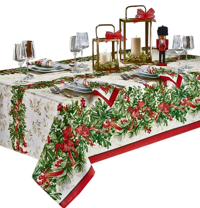 Newbridge Christmas Holly Ribbon Traditions Bordered 60 x 144 Inch Rectangle Fabric Tablecloth, Boughs of Holly and Berry Ribbon Garland Dining Table Cover for Holiday Party - Image 1